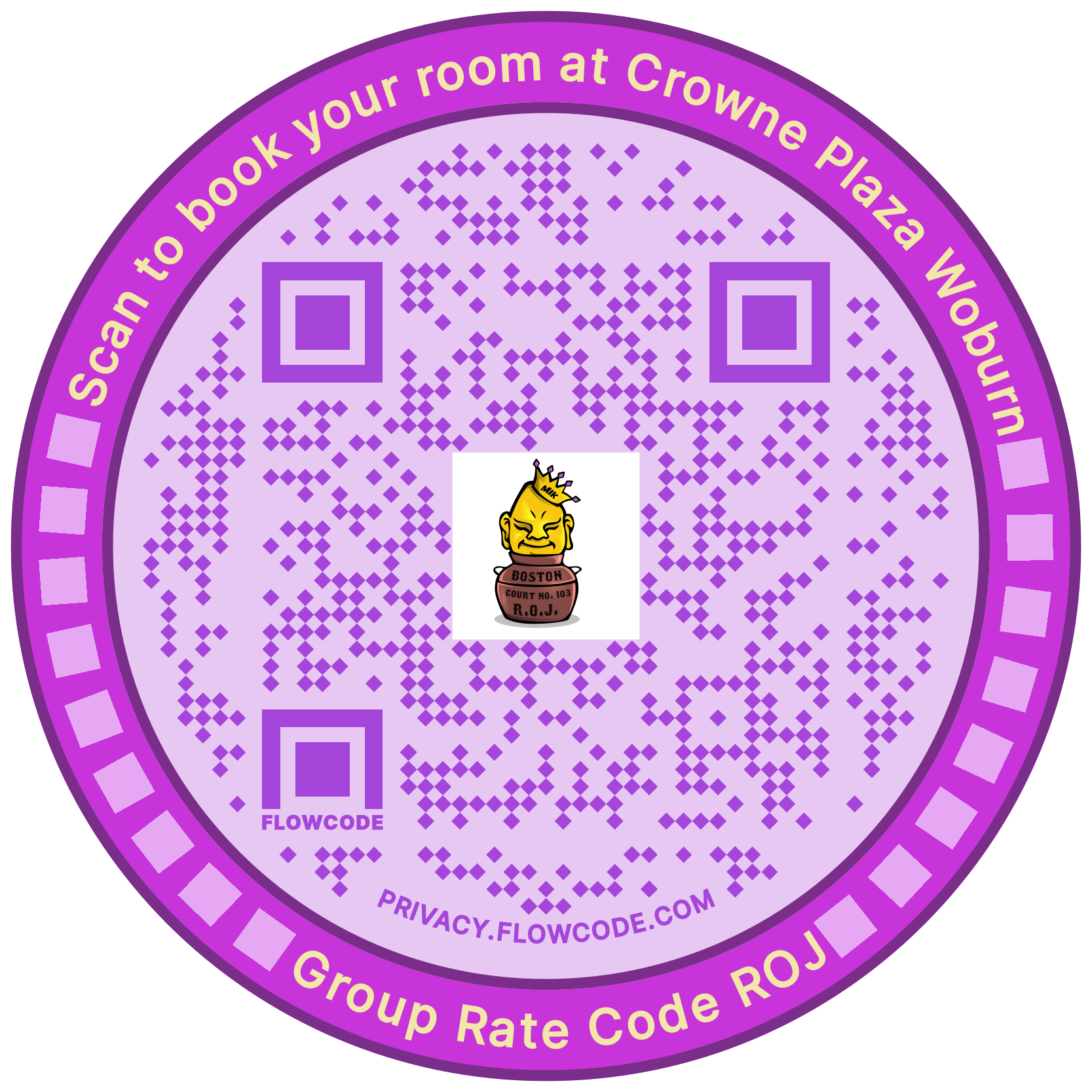 Purple QR code for hotel room booking.